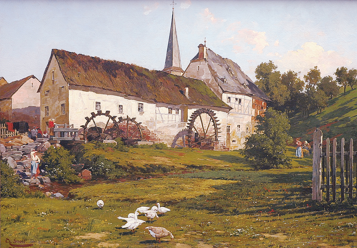 "Village-scene with watermill"