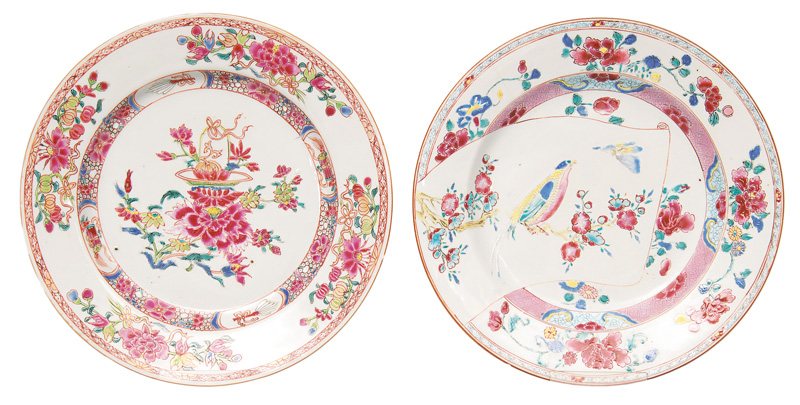 Two Famille-Rose plates with flower and bird painting