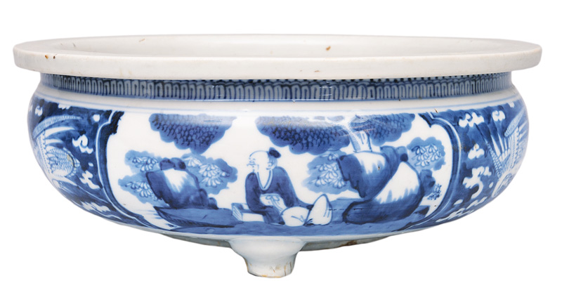 A large narcissus bowl with scholar"s scenes and phoenix birds