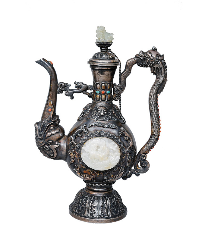 An elegant jade-mounted silver ewer