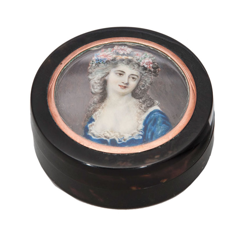A tortoiseshell box with miniature portrait of a Rococo lady