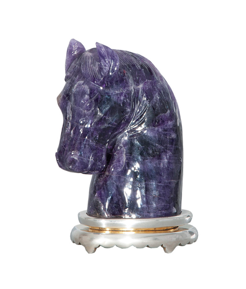An amethyst figure 'Horse Head' on silver base by Jeweller Wilm