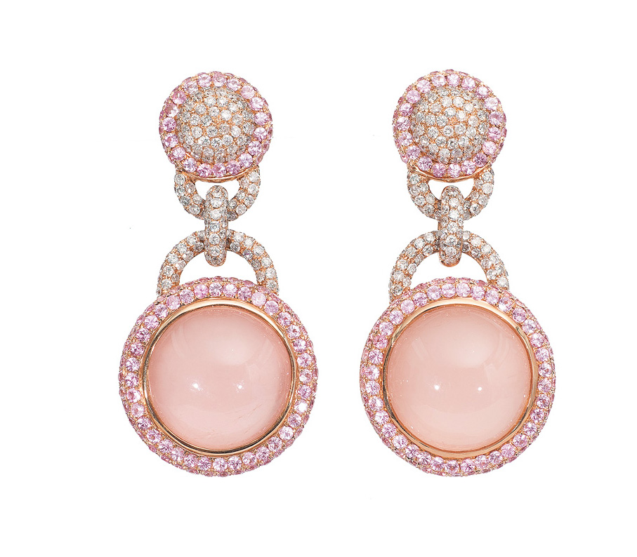 A pair of pink-sapphire rosequartz earpendants with diamonds