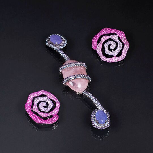 Three Brooches in Rose and Purple
