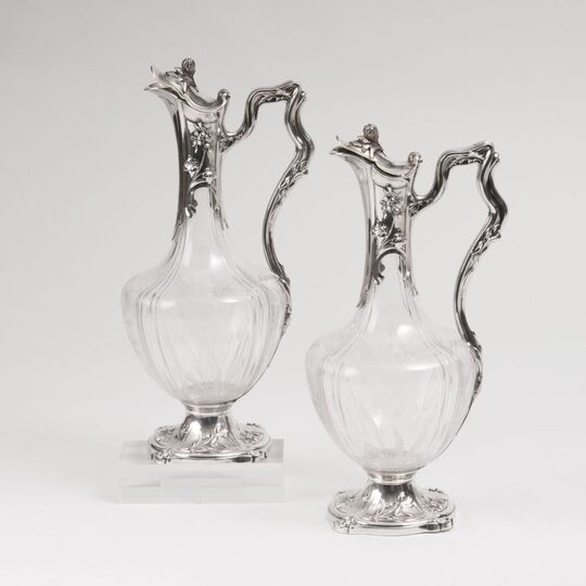 A Pair of Art-Nouveau Liquor Carafes with Silver Mounting