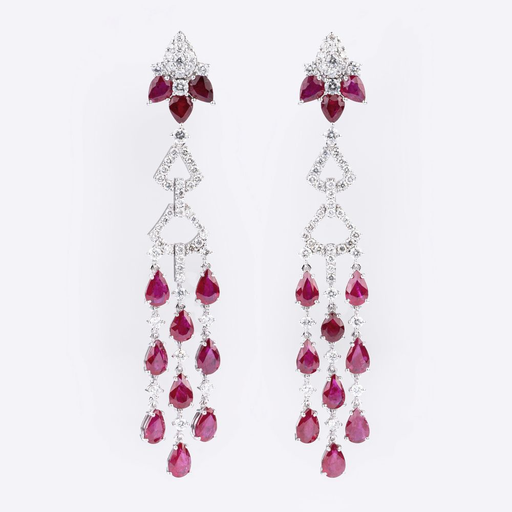 A Pair of Ruby Diamond Earchandeliers