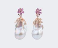 A Pair of Pearl Pink-Sapphire Diamond Earpendants - image 1