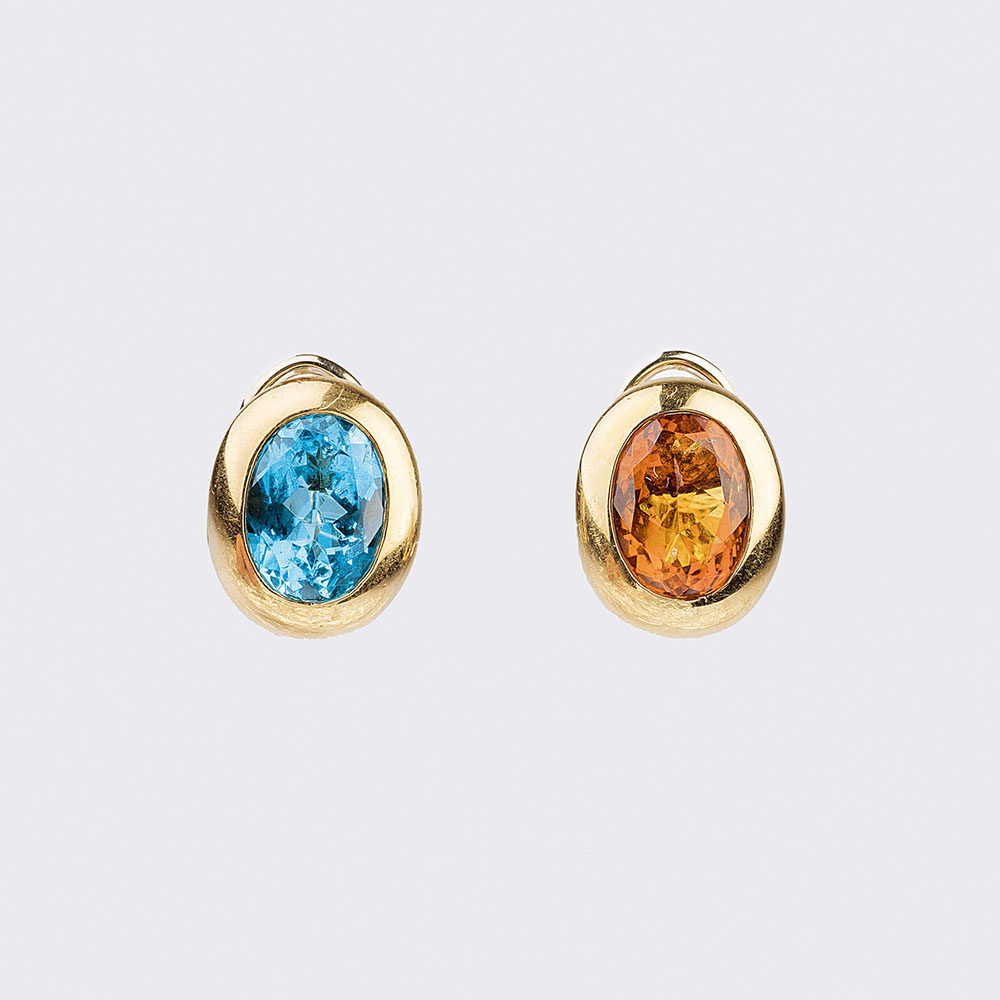 A Pair of two-coloured Precious Stones Earrings with Blue Topaz and Citrine