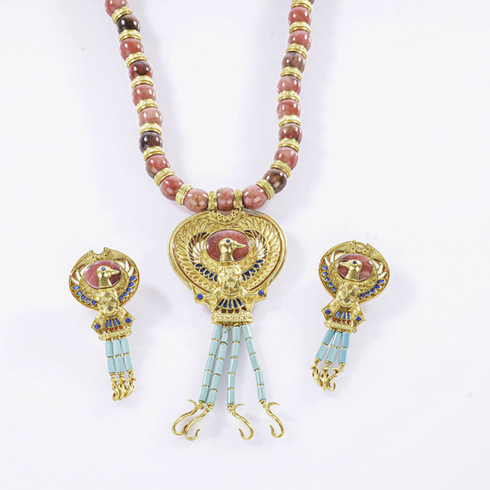 Demi-Parure mit Collier und Ohrclips Tutanchamun's Horus-Falke mit Sonnenscheibe und Uräusschlangen