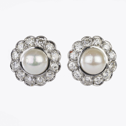 A Pair of Pearl Diamond Earclips