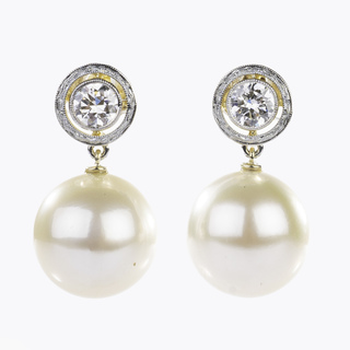 A Pair of Southsea Pearl Solitaire Diamond Earstuds