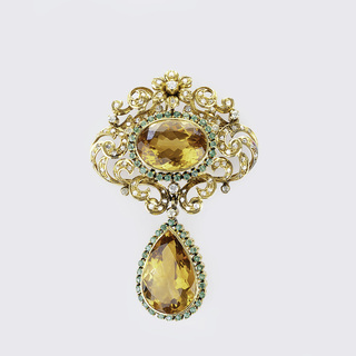 A splendid Citrine Diamond Emerald Pendant in Belle Epoque Style