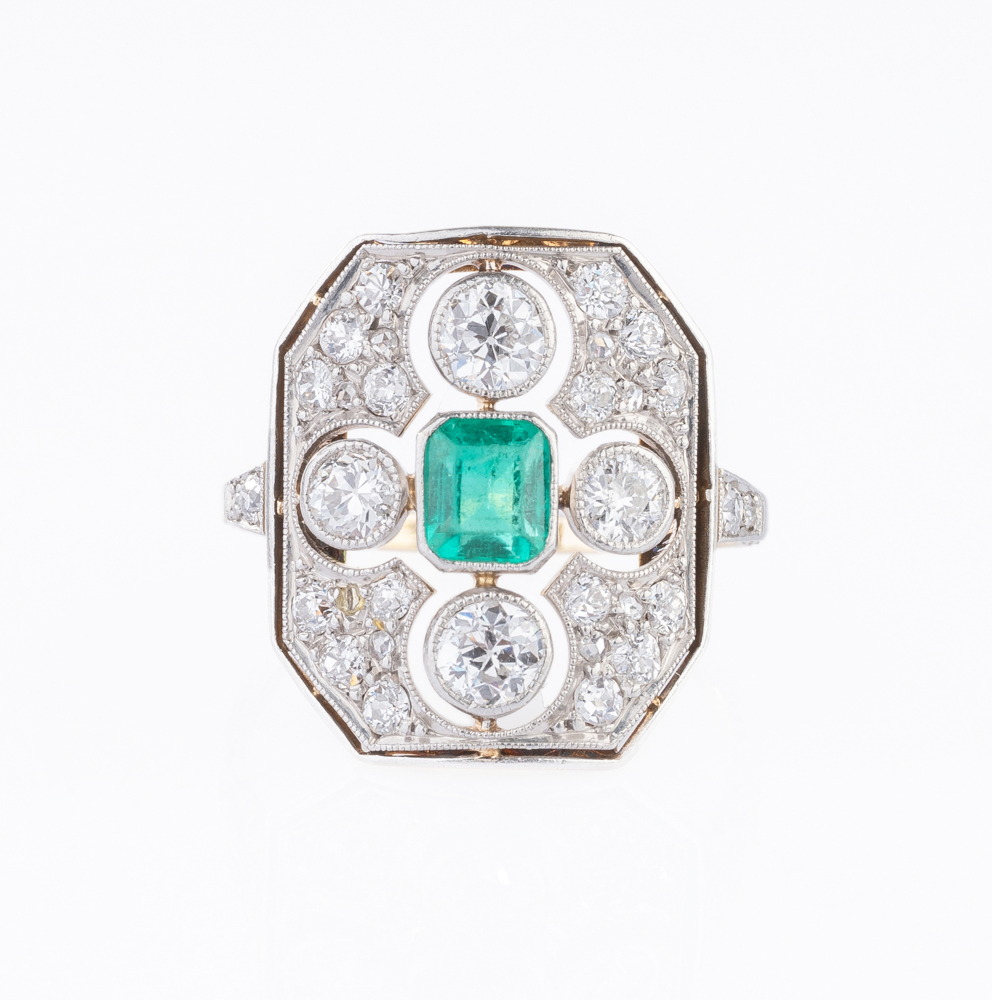 Jugendstil Smaragd-Diamant Ring