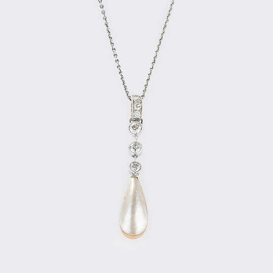 Art Nouveau Diamond Pearl Pendant on Necklace