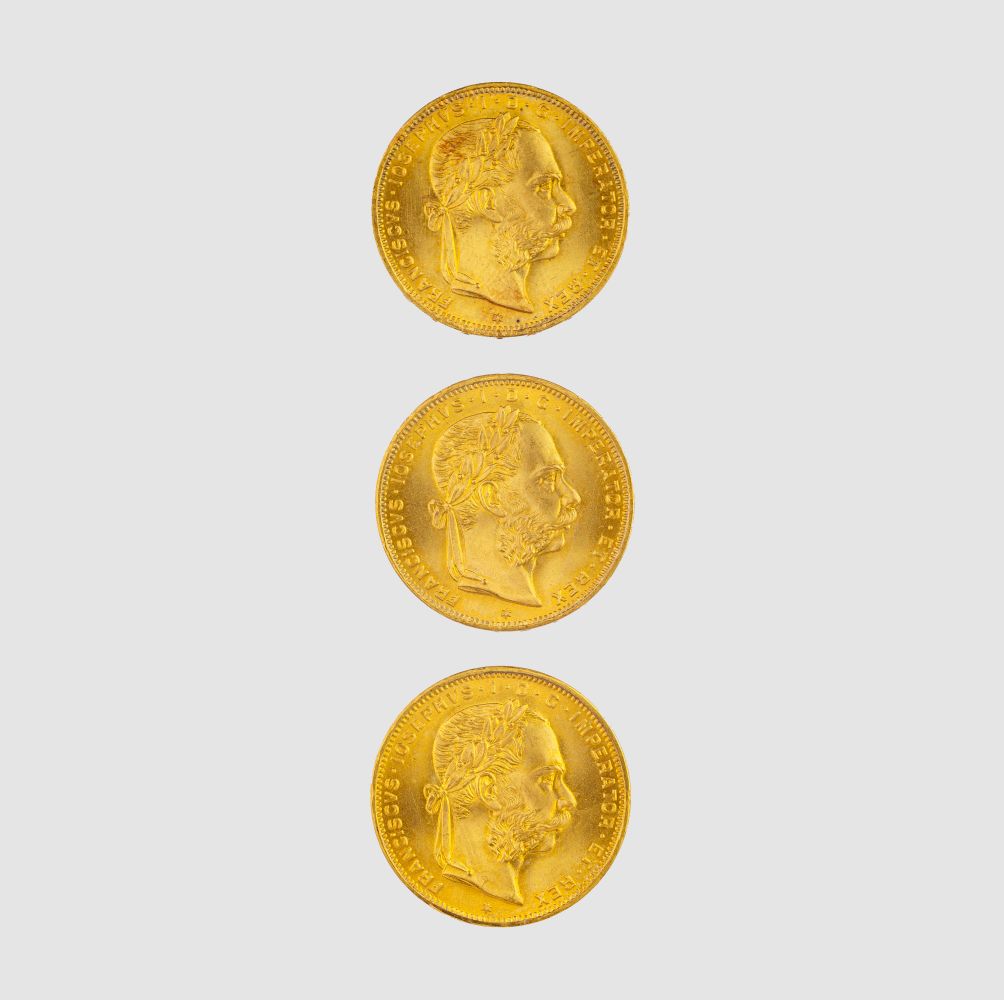 Three Gold Coins 8 Florin Kaiser Franz Joseph I