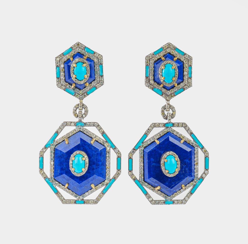 Pair of Earrings with Lapis Lazuli, Turquoises and Diamonds