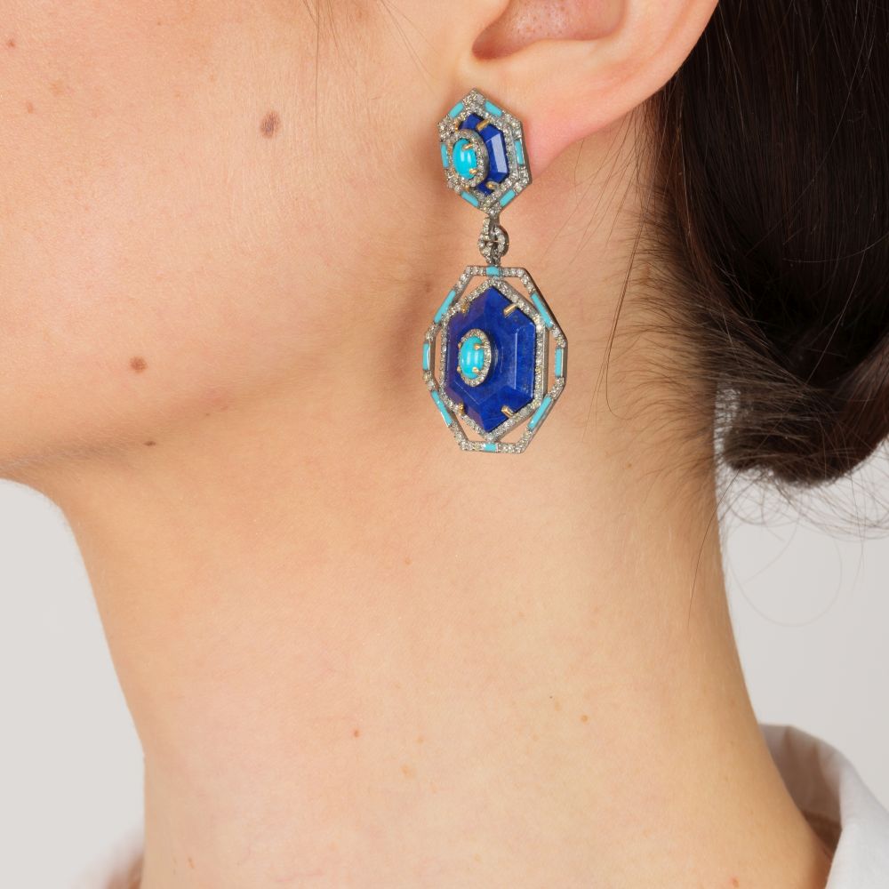 Pair of Earrings with Lapis Lazuli, Turquoises and Diamonds - image 2