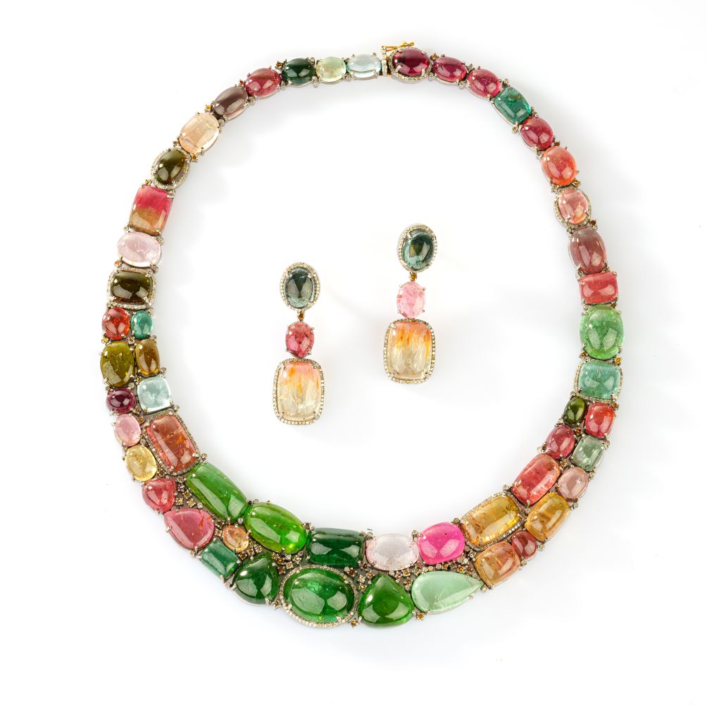 Tutti-Frutti Edelstein-Brillant Set mit Collier und Ohrringen