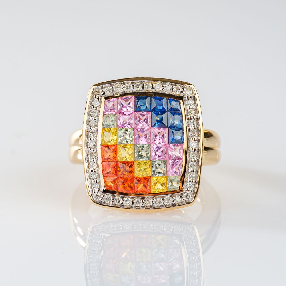 Multicolour Saphir Ring mit Brillant-Besatz