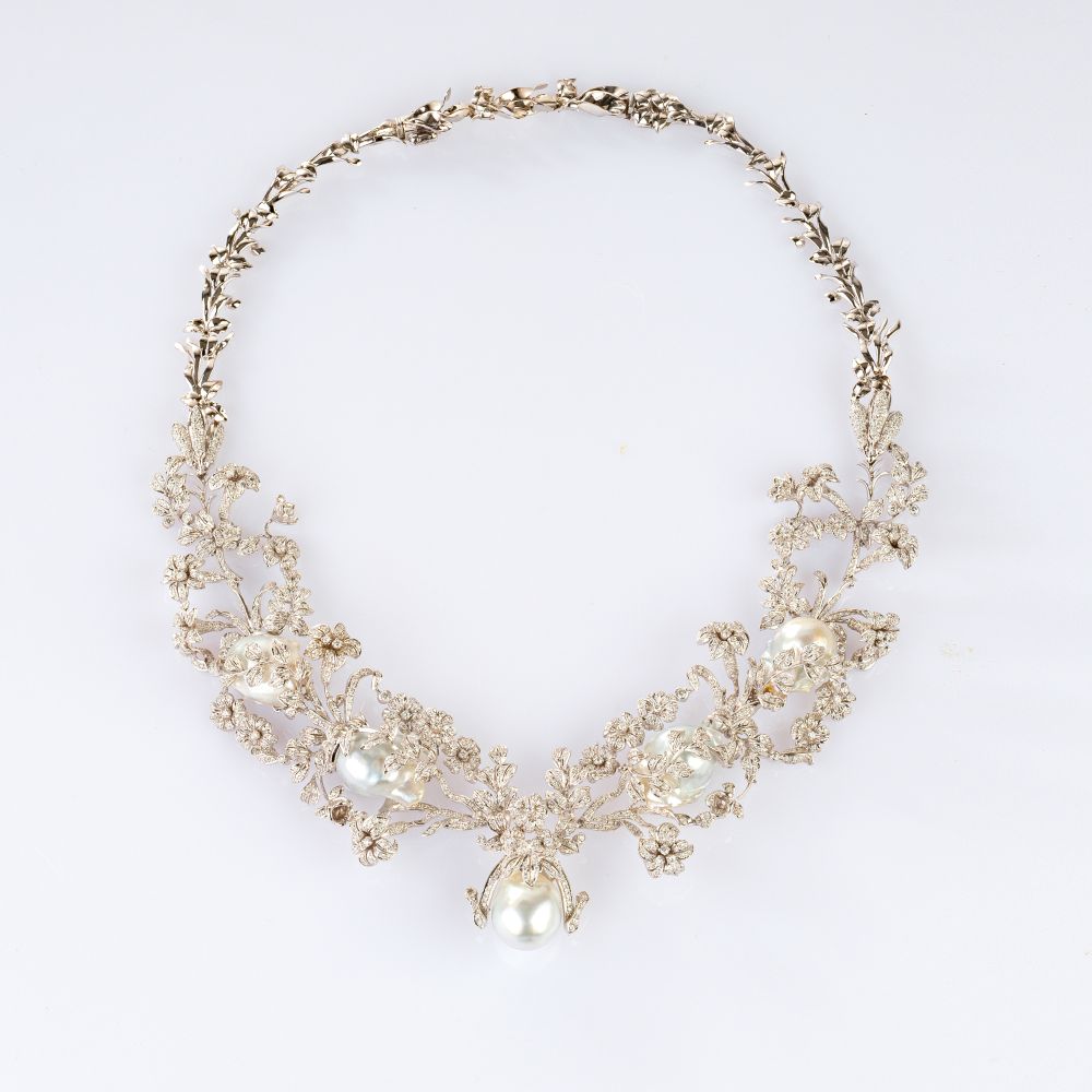 Gala Flower Necklace with Southsea Pearl and Diamonds