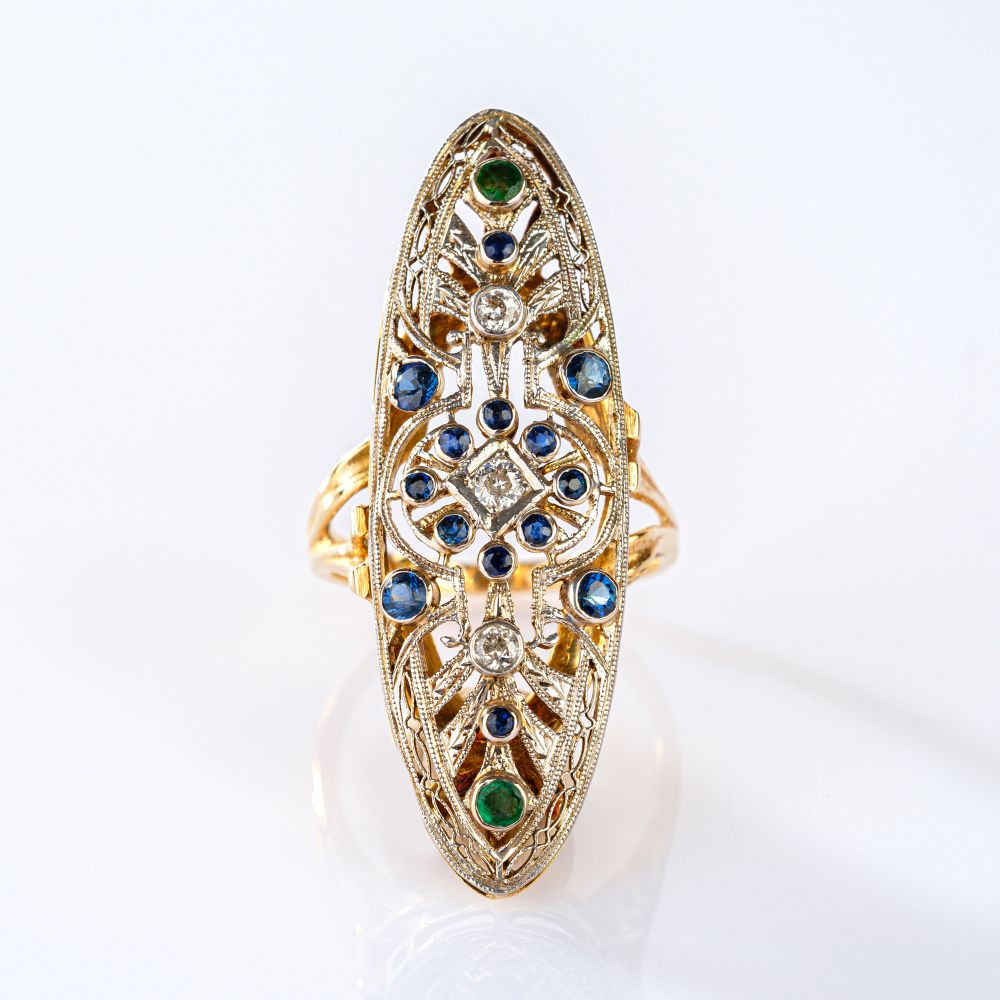 Großer Jugendstil Ring mit Saphiren und Diamanten