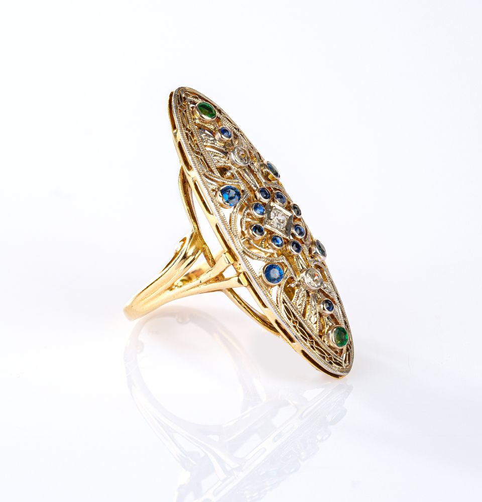 Großer Jugendstil Ring mit Saphiren und Diamanten - Bild 2