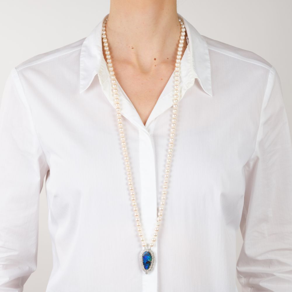 Pearl Necklace with Opal Diamond Clasp - image 3