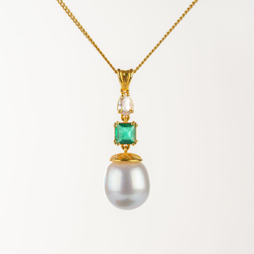 Fine Pearl Diamond Emerald Pendant on Necklace