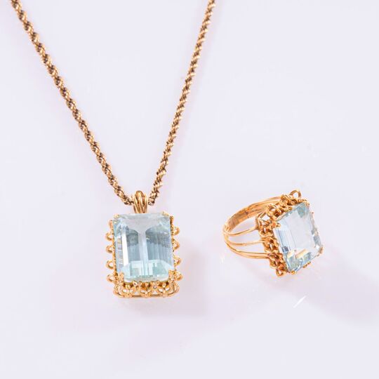 Aquamarine  Ring and Pendant on Necklace