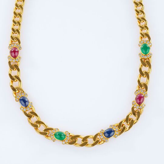 Curb Necklace with Emeralds, Rubies, Sapphires and Diamonds