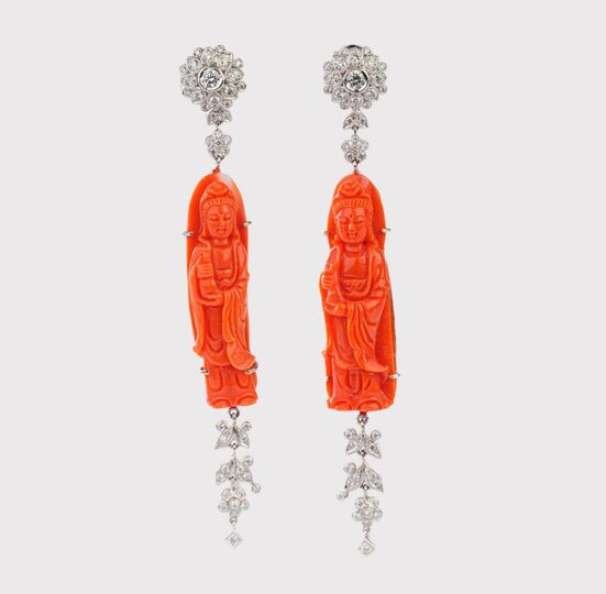 Pair of Coral Earrings with Diamonds