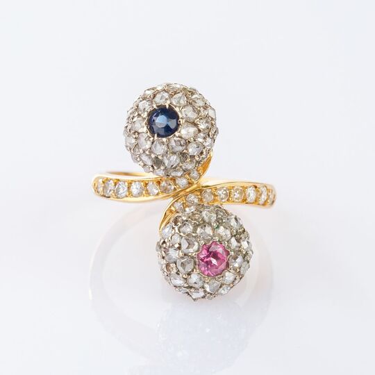 Antique Diamond-Sapphire-Morganite Ring 'Toi et Moi'