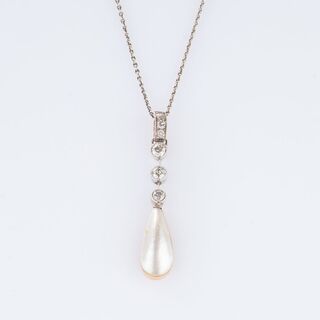 Art Nouveau Diamond Pearl Pendant on Necklace