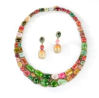 Tutti-Frutti Precious Stone Diamond Jewellery Set with Necklace and Pair of Earrings