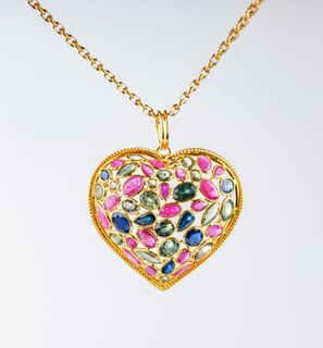 Heart Pendant with Multicolored Sapphires and Rubbies on a Long Chain