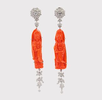 Pair of Coral Earrings with Diamonds