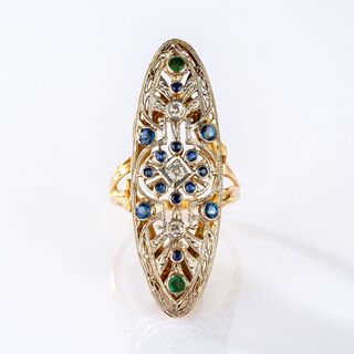 Large Art Nouveau Ring with Sapphires and Diamonds