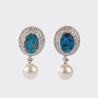 Pair Opal Pearl Earrigs with Diamonds