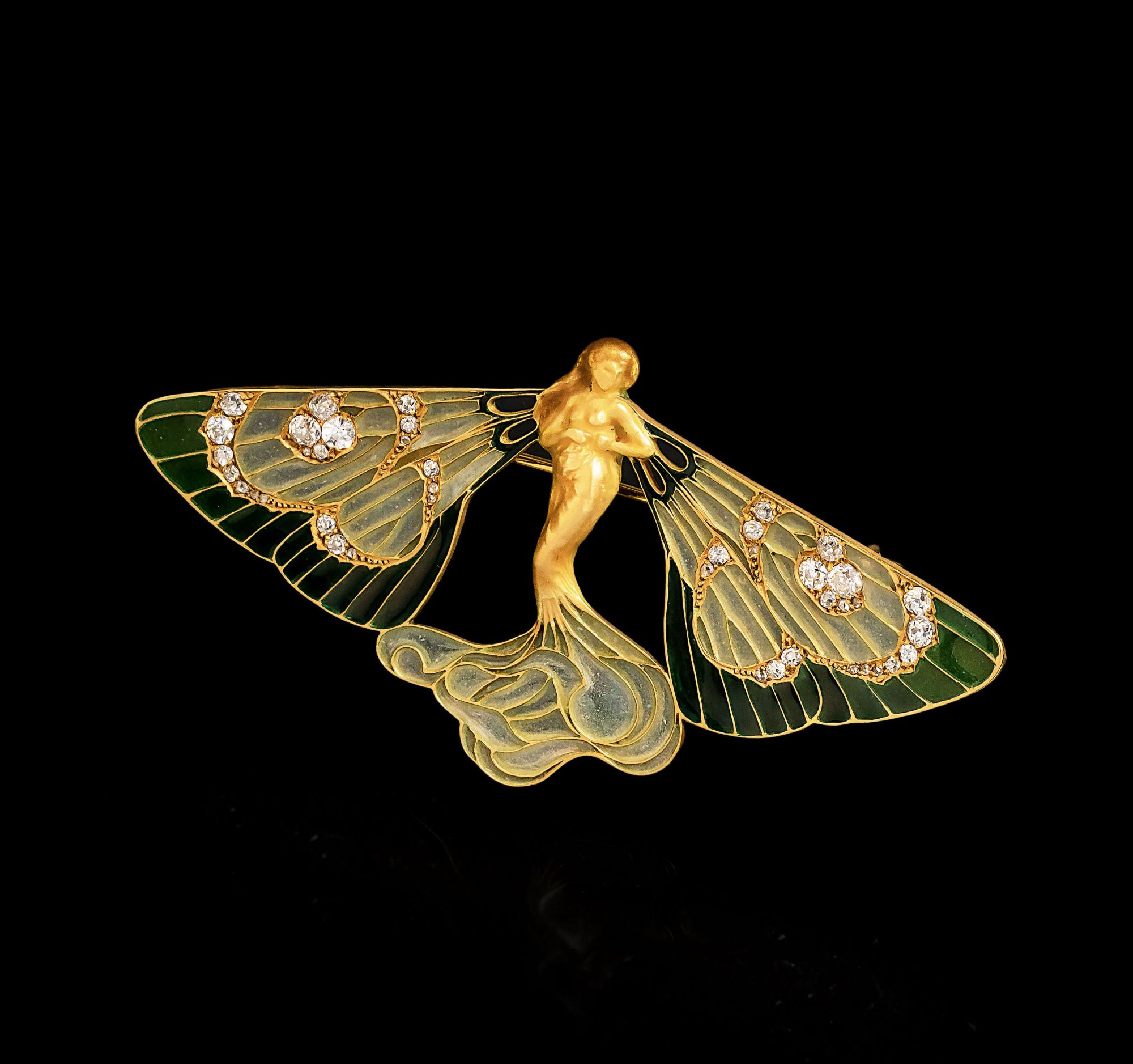 Art Nouveau Diamant Plique-à-jour Brosche 'Papillon Nymphe'