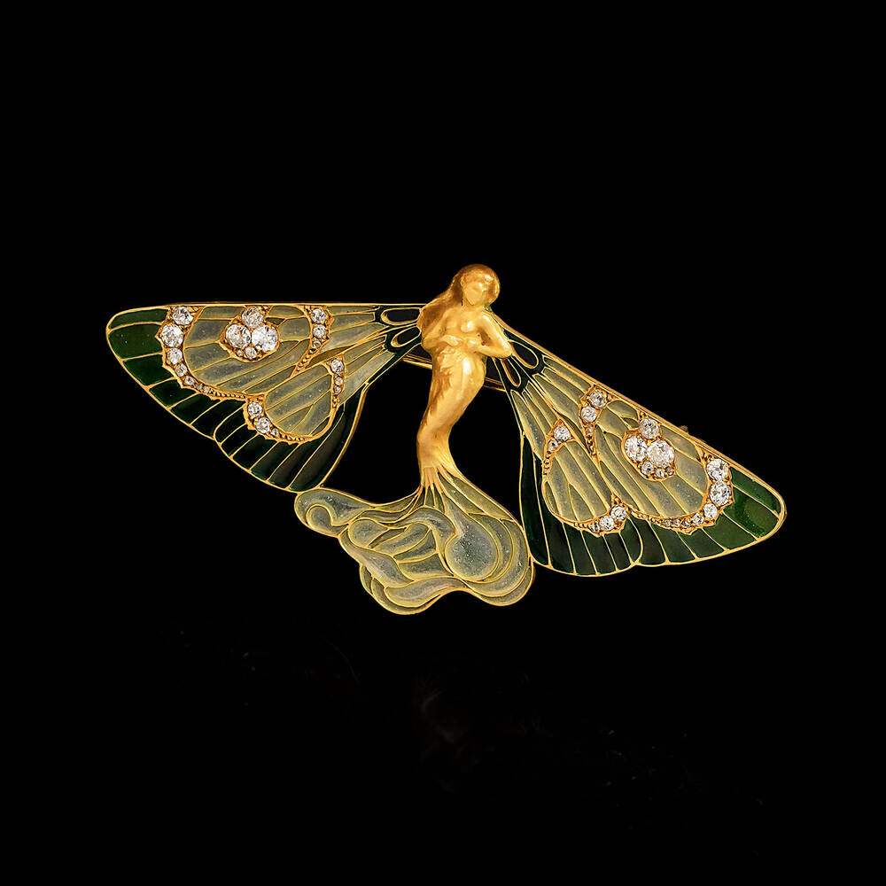 Art Nouveau Diamant Plique-à-jour Brosche 'Papillon Nymphe'